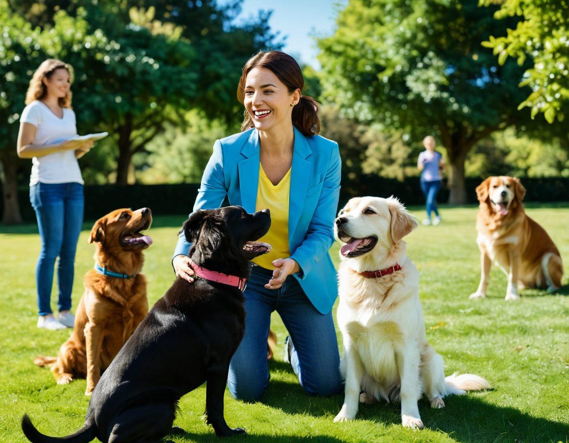 A professional dog trainer engaging with a happy dog in a sunny park, demonstrating positive reinforcement techniques. Include various breeds around them, showing signs of improved behavior, like attentive gazes and playful antics. In the background, a group of owners training their dogs showcases community bonding. The scene is vibrant and inviting, filled with lush greenery and blue skies. super-realistic. vibrant colors. 3D.